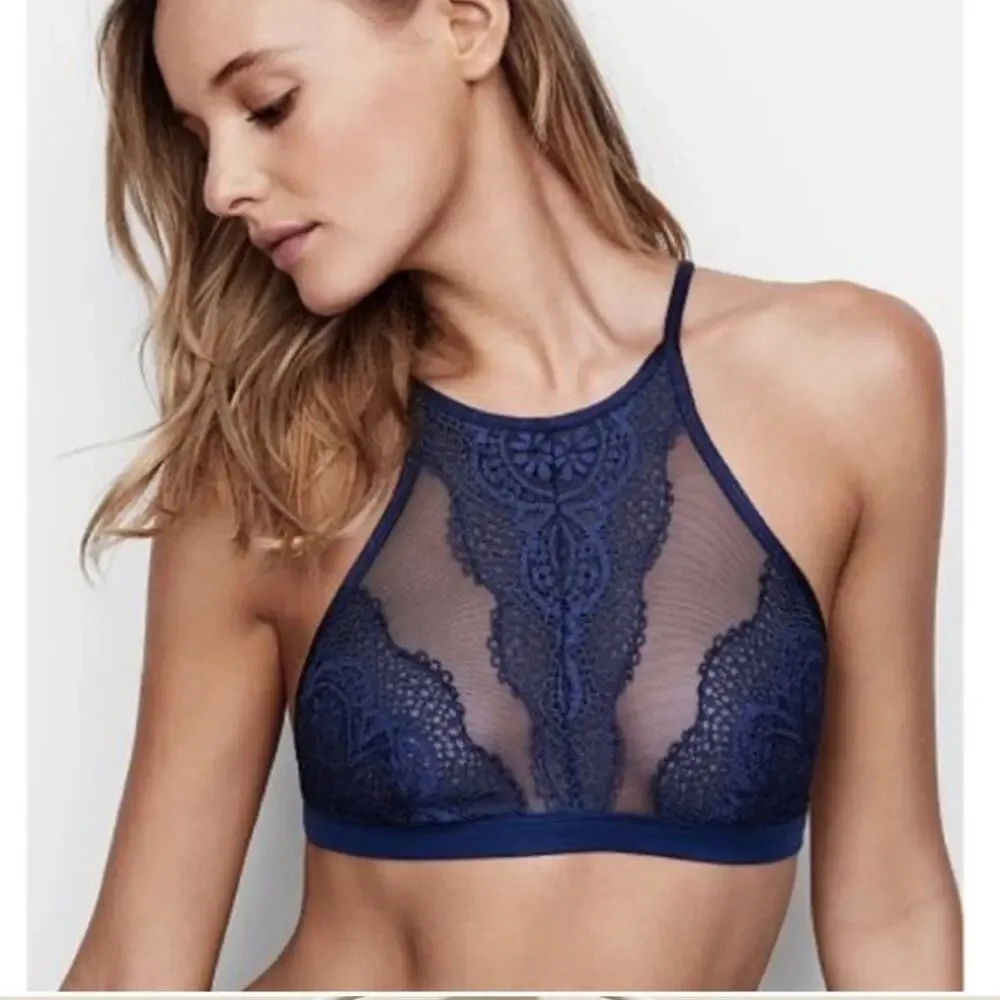 Victoria's Secret Navy Lace Bralette Small Sexy Semi Sheer - Picture 1 of 7